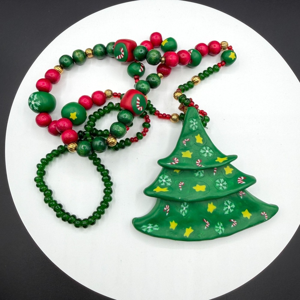 Christmas Tree Pendant Necklace Red Green Wood Beads Holiday Statement Jewelry